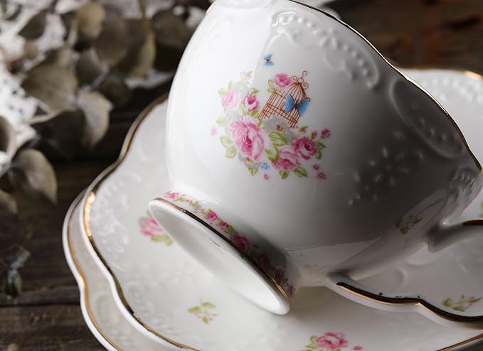 Jusalpha® Vintage Porcelain Flower Series Tea Sets, Tea Cup Saucer Set with Teapot Warmer- Filter and Spoon, 16pcs in 1 set (16pcs set)