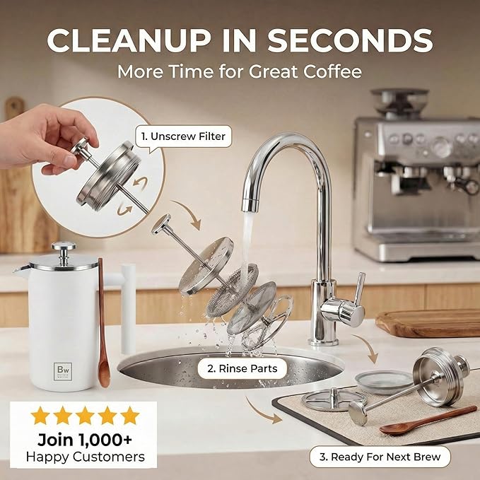 Barista Warrior French Press Coffee Maker Stainless Steel with Built-In Thermometer - Insulated Double Wall Design, Dual Filter System, Stay-Cool Handle & Wood Spoon - White