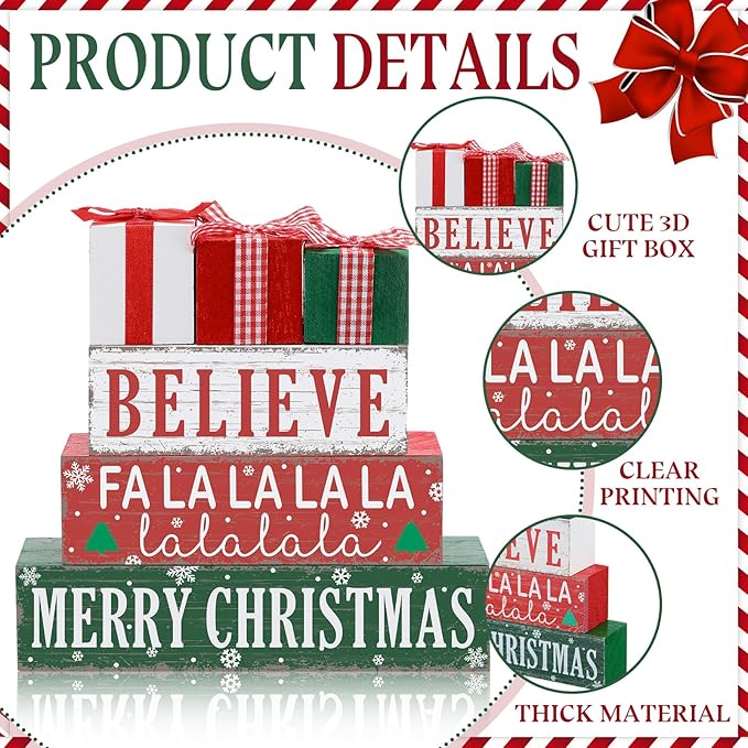 Geelin 4 Pieces Merry Christmas Wooden Table Decorations Xmas Wood Gift Boxes Decor Rustic Christmas Tiered Tray Decor Xmas Believe Tabletop Centerpieces for Home Desk Room Kitchen Shelf