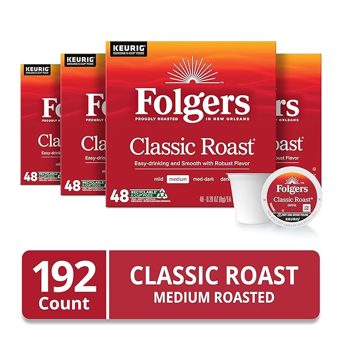 Folgers Classic Roast, Medium Roast Coffee, Keurig K-Cup Pods, 48 Count Boxes (Pack of 4)