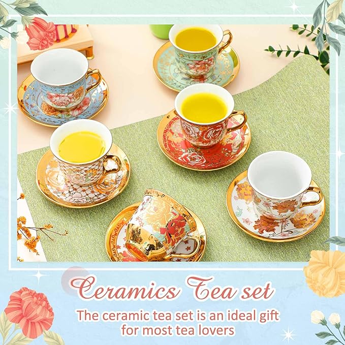 Set of 12 Tea Cups and Saucers Tea Party Decorations Floral Porcelain 7.4 oz British Gift for Women Birthday Party, Church, and Mother's Day (Stylish Style)