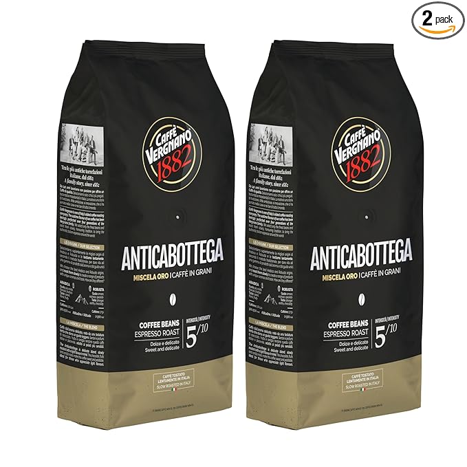 Caffe Vergnano 1882 Antica Bottega Whole Bean Arabica Medium Roast Espresso, 2.2 lbs Bag - Italian Coffee Beans with notes of Chocolate, Nuts & Caramel, Intensity 5/10-1000g Bag (2 Pack)