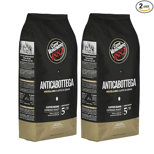 Caffe Vergnano 1882 Antica Bottega Whole Bean Arabica Medium Roast Espresso, 2.2 lbs Bag - Italian Coffee Beans with notes of Chocolate, Nuts & Caramel, Intensity 5/10-1000g Bag (2 Pack)