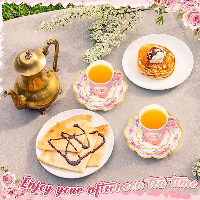 Domensi 60 Pieces Tea Party Decorations Include 30 Pcs 9 oz Paper Cups with Handle and 30 Pcs Tea Party Paper Plates Disposable Blossom Teacups and Saucers for wedding Favors(Teapot)