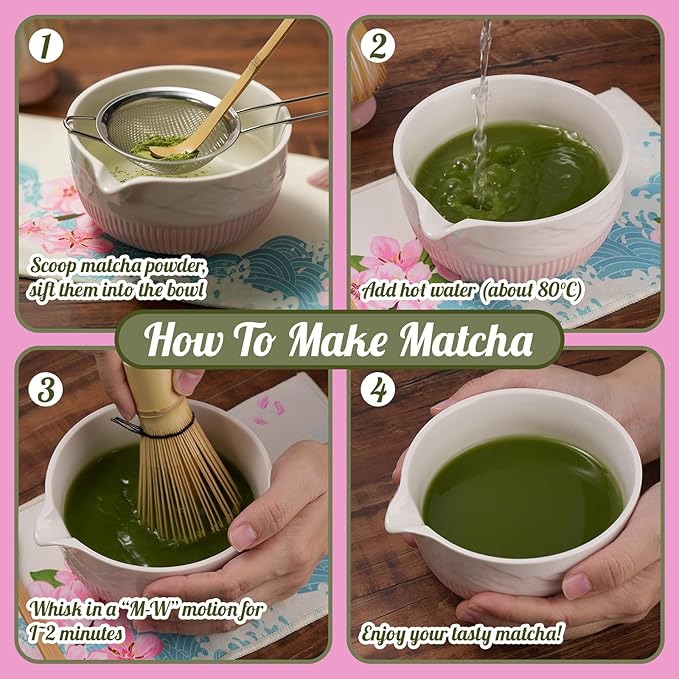 Matcha Whisk Set, Ceramic Matcha Set Includes Bowl & Holder, Bamboo Whisk (Chasen), Scoop, Spoon and Sifter, 8PCS Matcha Kit Covers Everything Needed for Making Matcha (Pink)