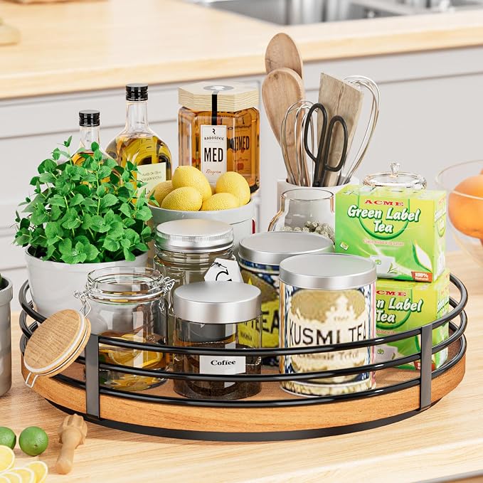 13" Lazy Susan Turntable Organizer - Wood Round Lazy Susan for Cabinet Kitchen Countertop Pantry Cupboard Dining Table Bathroom Coffee Bar Spice Storage Home Decor - Image 3