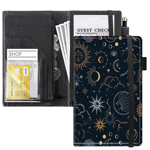 Server Books for Waitress, 5x9 Inch Waitstaff Server Order Pads, 11 Large Pockets, Cute PU Leather Waitress Book Server Wallet with Elastic Band Fit Server Apron,Sun and Moon by Unknown