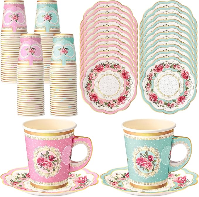 Tioncy 100 Pcs Tea Party Decorations Include 50 Pieces 9 oz Paper Tea Cups with Handle and 50 Plates Disposable Teacups and Saucers Sets for Birthday(Pink and Blue Floral)