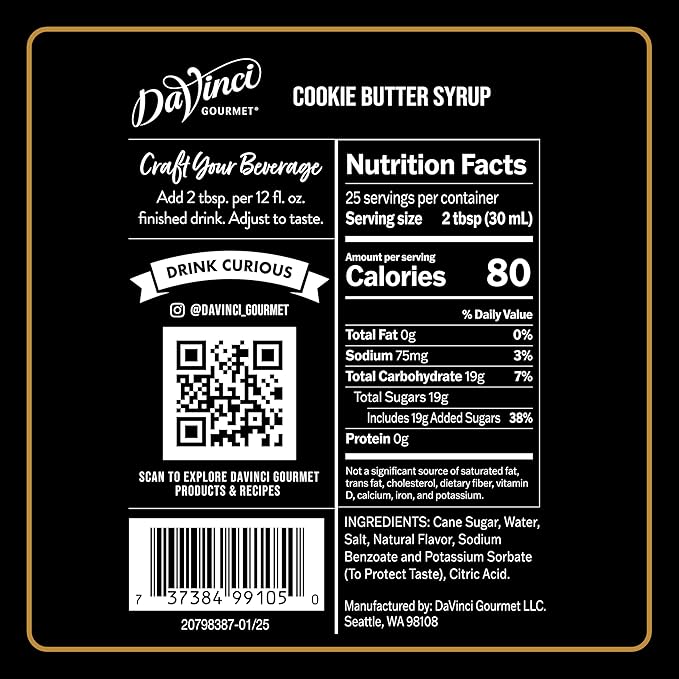DaVinci Gourmet Cookie Butter Syrup, Made with pure Cane Sugar, Dairy Friendly, 25.4 Fluid Ounces (Pack of 1)
