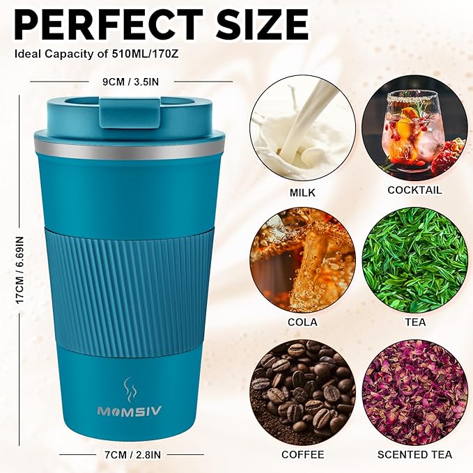 MOMSIV 17oz Travel Mug, Insulated Coffee Cup with Leakproof Lid, Vacuum Stainless Steel Double Walled Reusable Tumbler for Hot and Cold Water Coffee and Tea In Travel and Car