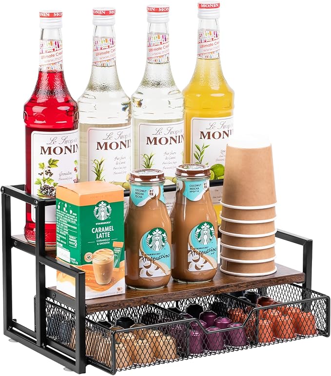 Wetheny Coffee Syrup Organizer for Coffee Bar, 3-Tier Metal Station with K Cup Storage Basket for Countertop, Coffee Pod Organizer Accessories