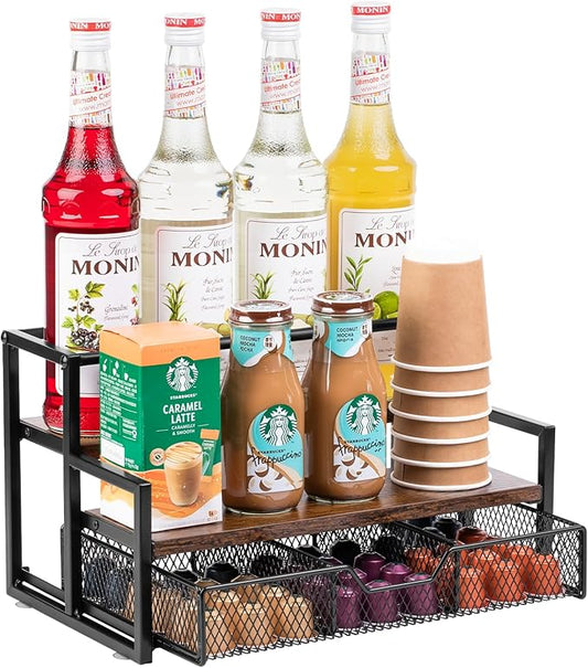 Wetheny Coffee Syrup Organizer for Coffee Bar, 3-Tier Metal Station with K Cup Storage Basket for Countertop, Coffee Pod Organizer Accessories