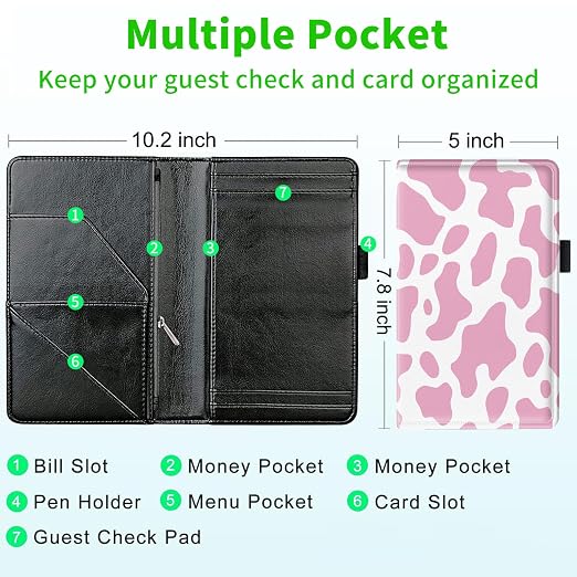 Server Books for Waitress, with 7 Large Pockets, Waiter Serving Book, Waitstaff Server Order Pads, Cute PU Leather Server Book with Pen Holder Fit Server Apron, Pink Cow Prints - Image 3