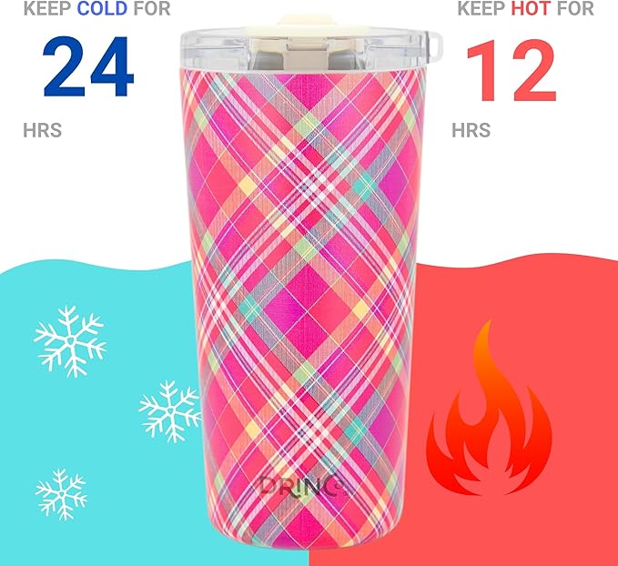 Drinco - 20 oz Stainless Steel Tumbler | Double Walled Vacuum Insulated Mug With Lid, 2 Straws, For Hot & Cold Drinks (20oz Madras Plaid)
