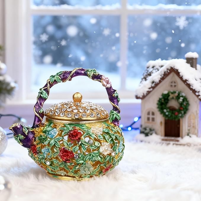 YU FENG 4.7inch Mini Teapot Trinket Box Hinged For Girls Ring Holder Handmade Ring Holder Dish Decorated (teapot) Christmas Gift