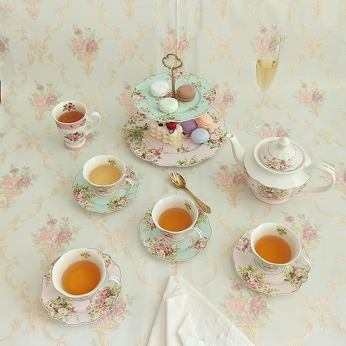 Pink Azalea Porcelain English Teapot, Coffee Pot, Golden Rim, Light Weight, 37 Oz