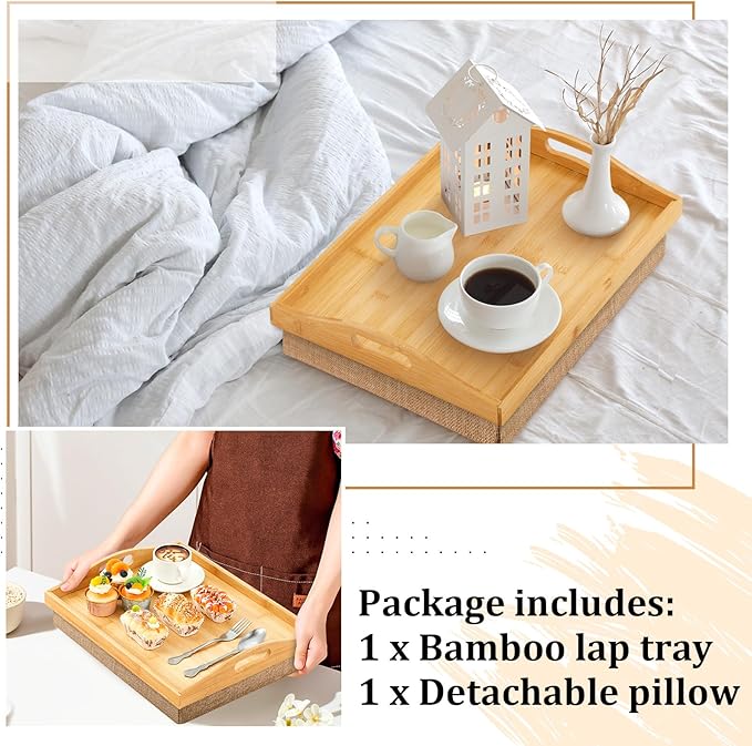 Tioncy 1 Piece Bamboo Lap Tray with Detachable Pillow 16.9'' x 13'' Lap TV Trays Desk with Handles for Adults Eating in Recliner Breakfast Housewarming Gift (Natural Color,Flaxen)