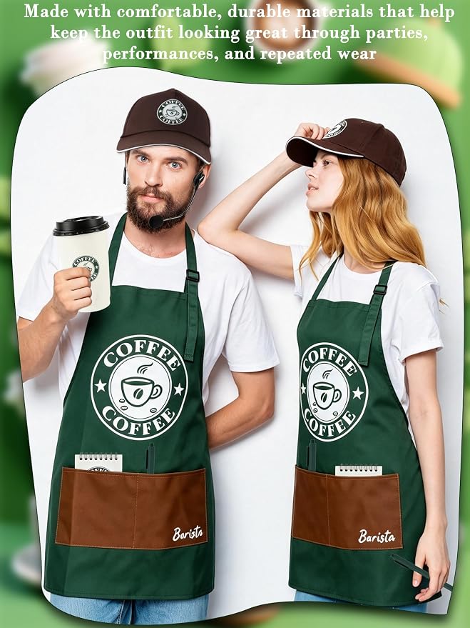 36 Pcs Halloween Barista Costume Set Coffee Maker Costume Outfit Include Green Aprons Cap Notebook Headset Name Tag Cards Cups and Pen for Adults Unisex Cosplay - Image 5