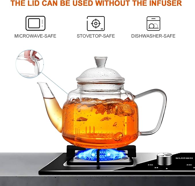 CNGLASS Glass Teapot with Removable Infuser,20oz(600ml) Clear Glass Tea Kettle Stovetop Safe,Glass Teapot with Strainer for Blooming and Loose Leaf Tea