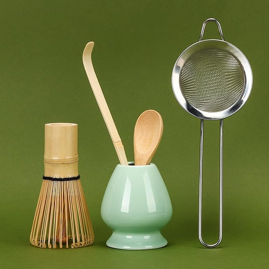 Matcha Whisk Set,Bamboo Matcha Whisk (Chasen),Traditional Scoop(Chashaku),Stainless Steel Sifter,Tea Spoon,Ceramic Holder,Japanese Tea Tools For Ceremony