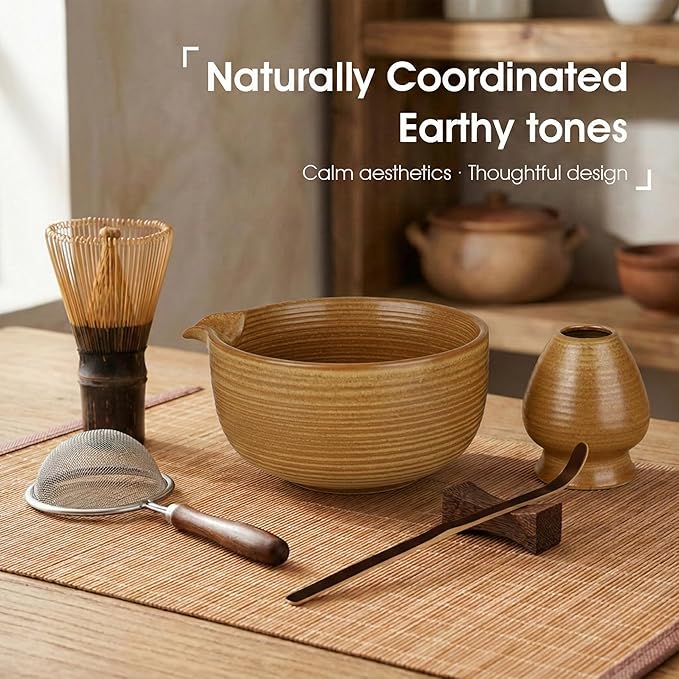 Matcha Whisk Set, 7-Piece Matcha Kit with Ceramic Matcha Bowl, Bamboo Whisk, Scoop & Sifter - Complete Matcha Tea Set Perfect for Beginners & Matcha Lovers, Brown