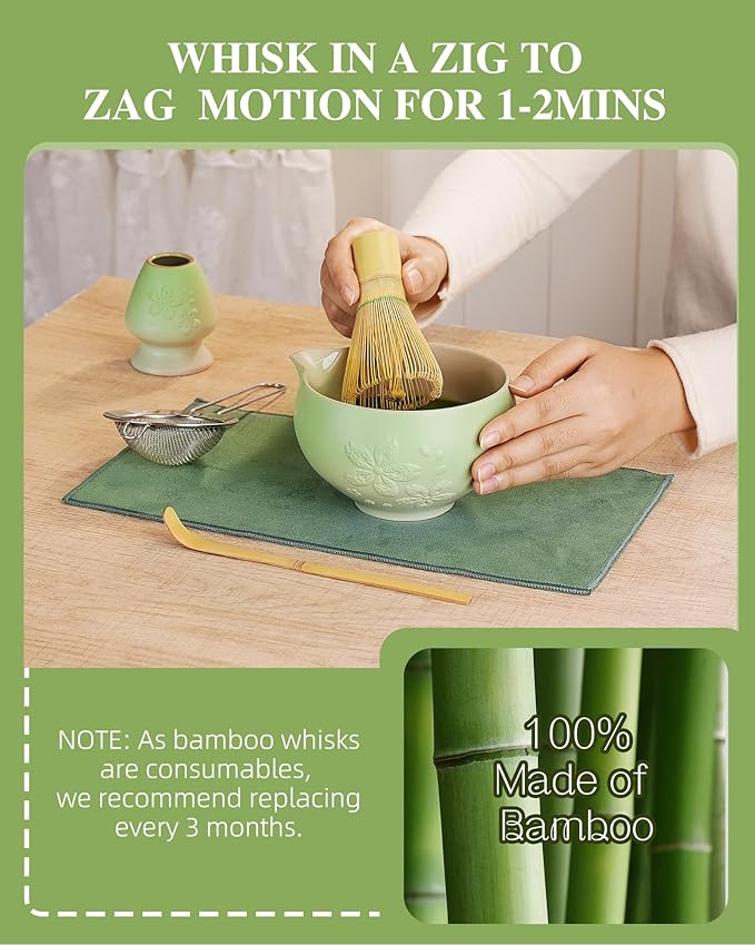 ZENS Matcha Whisk Set, Matcha Kit Set, Matcha Bowl with Spout, Bamboo Whisk & Scoop, Chasen Holder, 304 Sifter & Tea Mat, 6pcs Japaness Matcha Kit for Matcha Lovers, Birthday Gift, Pale Green
