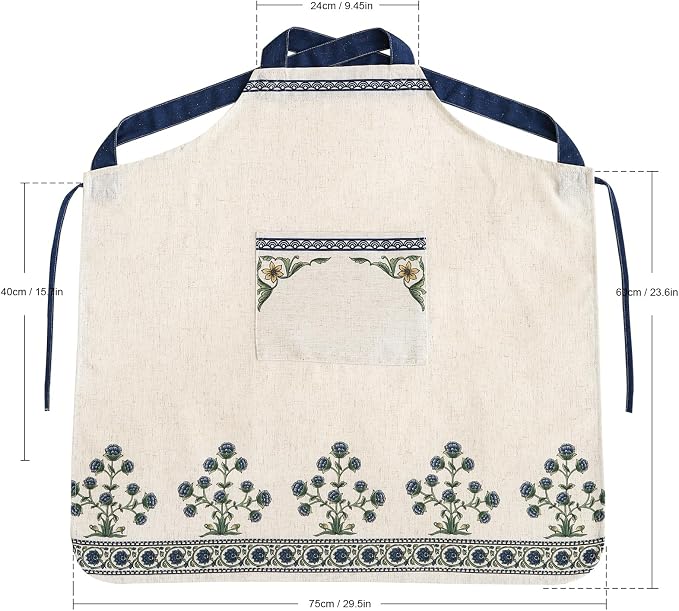 patdrea Blue Floral Linen Apron with Pocket,French Kitchen Garden Chef BBQ Aprons for Women and Men,Crisscross Back Straps - Image 5