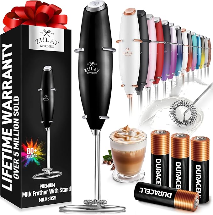 Zulay Kitchen Powerful Milk Frother Wand With 4 AA Duracell Batteries - Ultra Fast Handheld Drink Mixer - Electric Whisk Foam Maker for Coffee, Lattes, Cappuccino, Matcha & Creamer