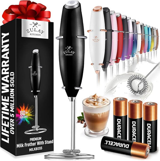 Zulay Kitchen Powerful Milk Frother Wand With 4 AA Duracell Batteries - Ultra Fast Handheld Drink Mixer - Electric Whisk Foam Maker for Coffee, Lattes, Cappuccino, Matcha & Creamer