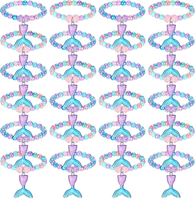 Ecally 24 Pcs Mermaid Party Favors Mermaid Beaded Bracelet Bulk Ocean Party Supplies Costume Jewelry Princess Birthday Classroom Prize Gifts Cute Toddlers Little Girls