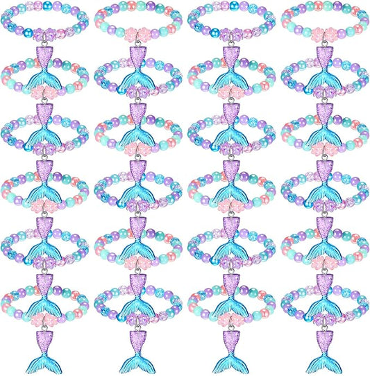 Ecally 24 Pcs Mermaid Party Favors Mermaid Beaded Bracelet Bulk Ocean Party Supplies Costume Jewelry Princess Birthday Classroom Prize Gifts Cute Toddlers Little Girls
