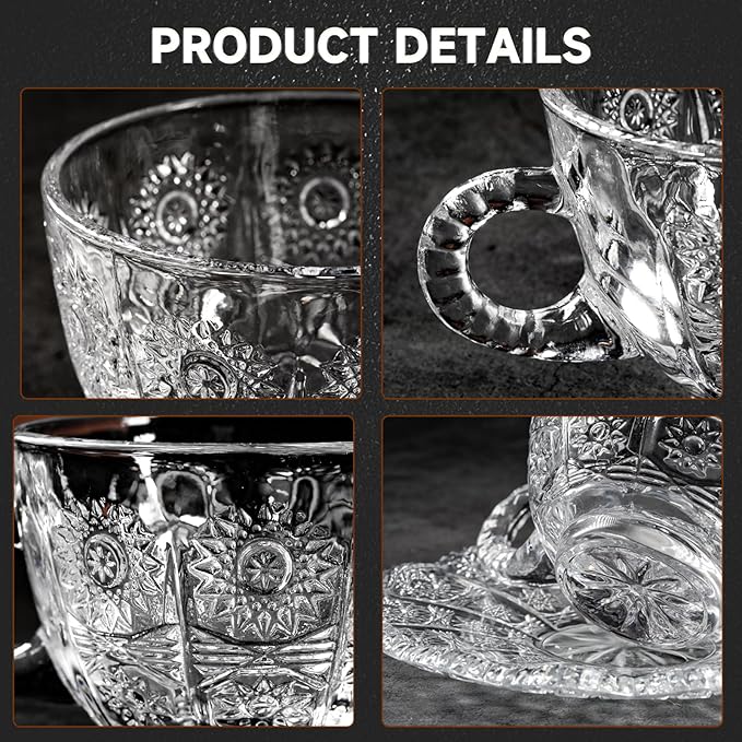 Glass Teacups and Saucers Set of 6, Vintage Coffee Mugs with Stainless Steel Spoon, Dishwasher & Microwave Safe Teacups for Espresso Cappuccino Latte Tea Juice, 7OZ/210ML, Clear