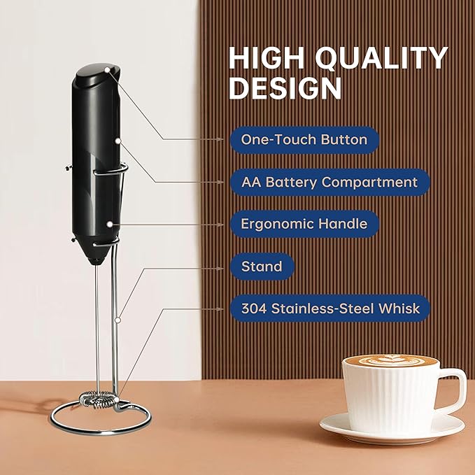 YSSOA Electric Milk Frother Handheld with Stainless Steel Stand Battery Operated Whisk Drink Mixer for Coffee, Latte, Matcha, Hot Chocolate, Mini Hand Blender
