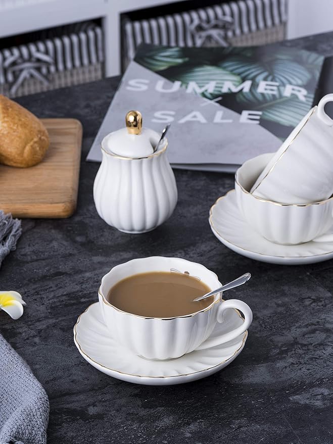 Jusalpha Serve for 6- Fine China White Coffee Cup/Teacup Set, 8 OZ Cups& Saucer, with Teapot-Sugar Bowl-Cream Pitcher Teaspoons and tea strainer for Tea/Coffee (White, Serve of 6)