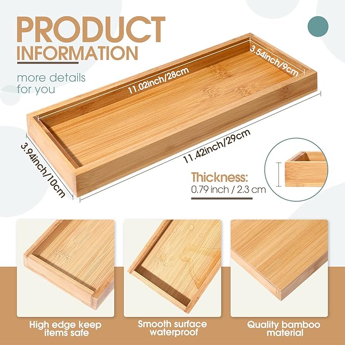 Chengu 3 Pcs Bamboo Vanity Trays for Bathroom Small Wooden Serving Tray for Bathroom Counter Food Appetizer Tea Dessert Kitchen Candle Tissue Toilet Tank Home Decor, 11 x 4 Inch(Rectangle Style)