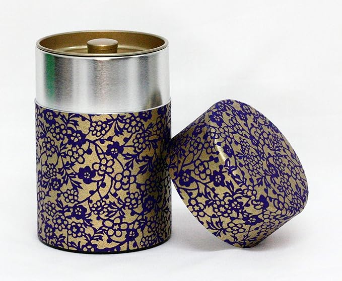 Washi Paper Tea Tin Canister: Long 5.3oz (150g) Purple Flower & Ivy (#80), Japan