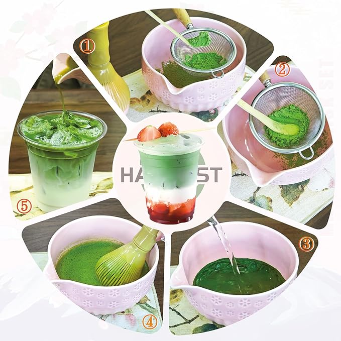 HAVIREST 8 pcs Matcha Whisk Set, Ceramic Bowl and Whisk Stand Spoon Holder Sifter Mat Towel, Japanese Ceremonial Grade Macha Tea Tools Kit, Gift for Women Match Starter Lover (Pink)
