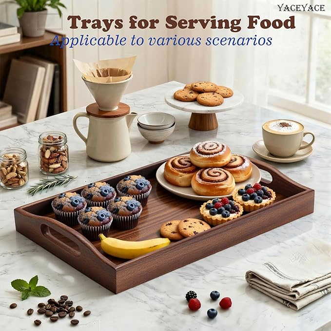 Small Serving Tray with Handles, 12"x8"x2" Wooden Tray for Kitchen Counter, Small Wood Tray for for Home Decor, Bathroom, Dining, Party