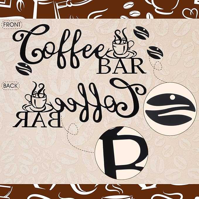 Coffee Bar Sign - Rustic Metal Hanging Decor for Home Office Kitchen (Coffee Bar and Bean Style)