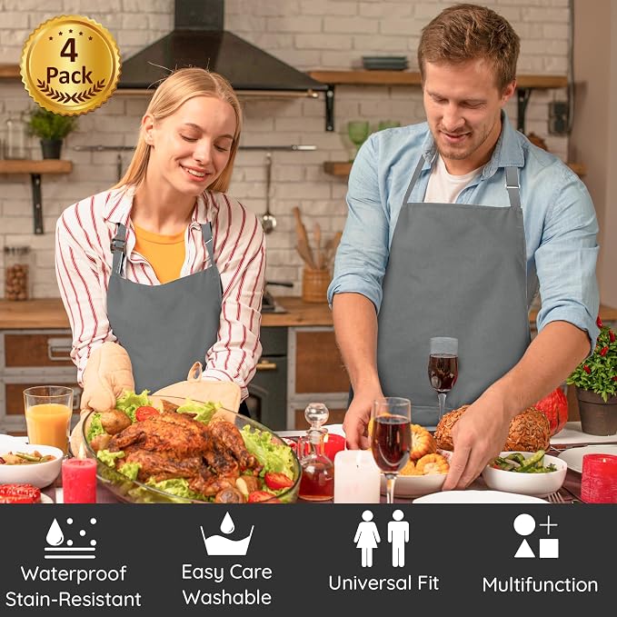 4 Packs Chef Apron, Waterproof Apron, Adjustable Aprons with 2 Pockets for Men Women, Professional Aprons for Kitchen Cooking Gardening Painting Baking Restaurant (Gray) - Image 2