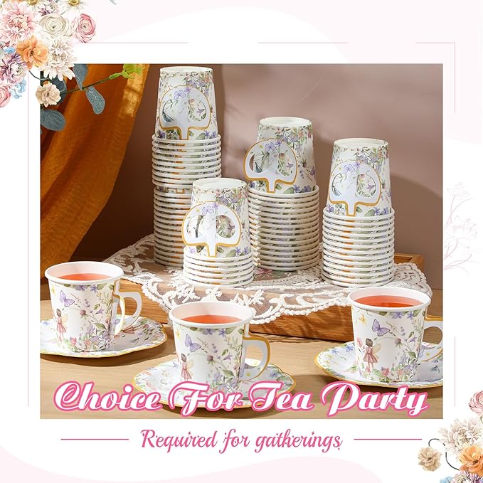 Umigy 60 Sets Tea Party Decorations 6.5 oz Fairy Floral Paper Tea Cups with Handle and Plates Disposable Blossom Teacups and Saucers Sets with Tape for Birthday Hot Cold Drink (Floral,6.5 oz,Blue)