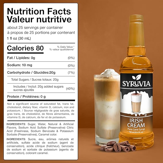Syruvia Coffee Syrup, Irish Cream Flavored Syrup for Drinks, Lattes, and Desserts – 25.4 fl oz, With Pump