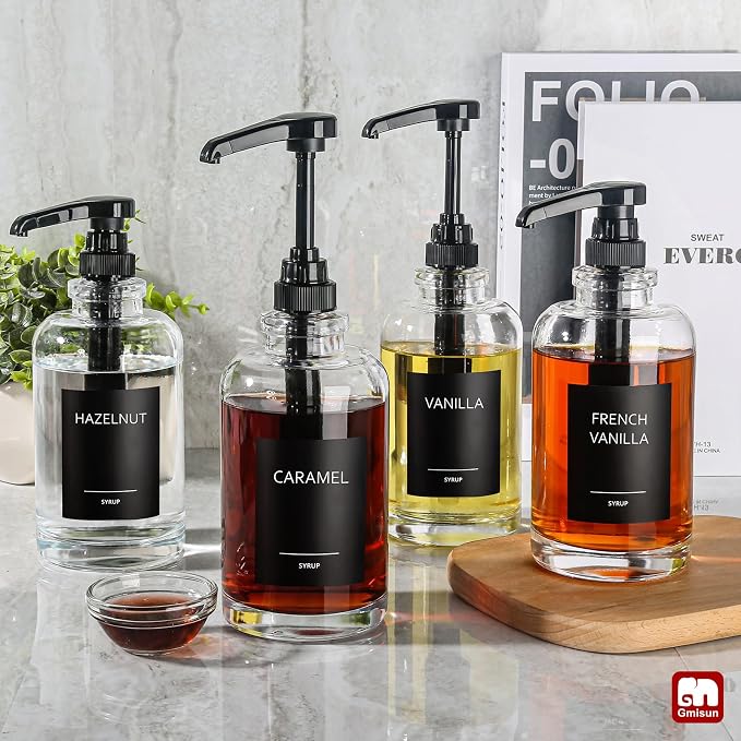 Coffee Bar Accessories, Syrup Dispenser With 1/4oz Large Capacity Pump - Glass Pump Dispenser for Station, Organizer, 4 Pack - Image 7