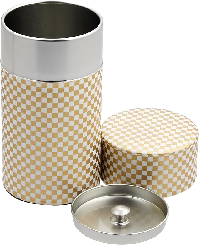 Yamako Pokkan a Japanese Tea Tin Canister, Air Tight, Double Lid, 200g Tea Capacity (Ichimatsu - Japanese Checkered Pattern, L - 200g)