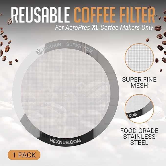HEXNUB - Reusable Metal Filter for AeroPress XL Coffee Maker, Stainless Steel Filter Fits AeroPress XL Coffee Press, Fuller Bodied Coffee Than Paper Filters - SILVER MESH