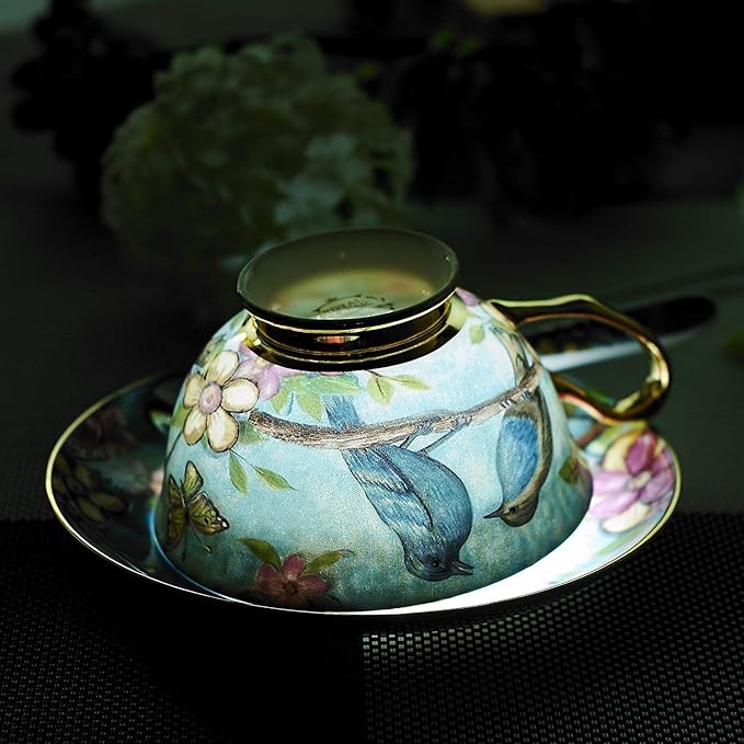 YBK Tech Euro Style Cup& Saucer Set Art Bone China Ceramic Tea Coffee Cup for Breakfast Home Kitchen- Birds and Trees Patterns (Blue)