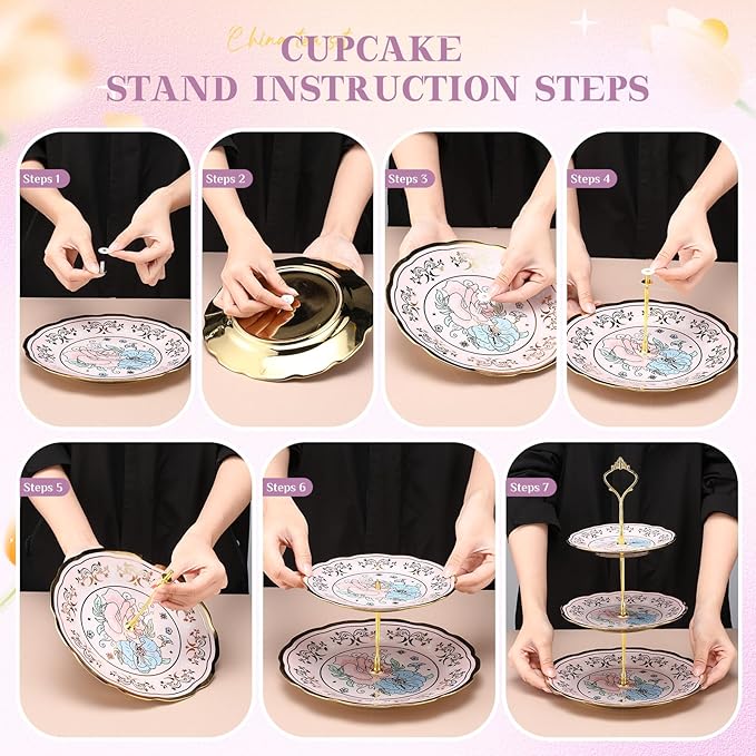 21 Pcs Ceramic Teapot Set Vintage Porcelain Tea Cups with Metal Holder and High Tier Cupcake Stand Saucers for Women Girls Farmhouse European Weddings Party Decor Gifts(Purple,Delicate)