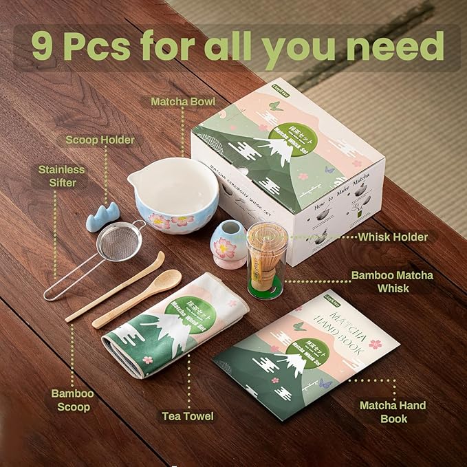 Clay&Fire Matcha Whisk Set，9 Pcs Ceramic Matcha Set, 15 OZ Matcha Bowl with Spout and Whisk，Matcha Kit for Friend, Ideal Gift for Matcha Lover（Cherry Bloom）