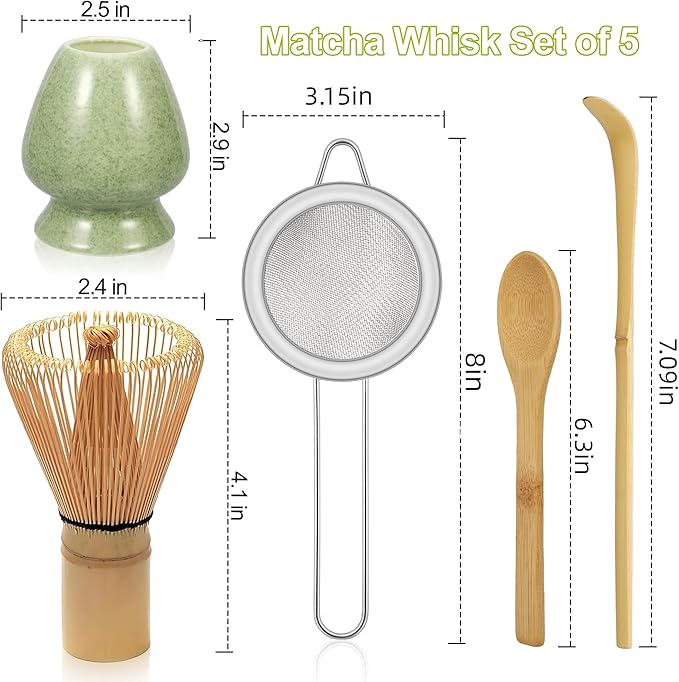 Bamboo Matcha Whisk Set 5Pcs, Matcha Whisk, Ceramic Whisk Holder (Green), Sifter, Traditional Tea Scoop and Tea Spoon, Japanese Matcha Ceremony, Gift for Matcha Lovers Beginner