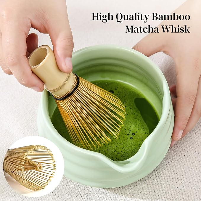 DOWAN Matcha Whisk Set, 7 Pcs Matcha Set Includes Bowl with Spout, Whisk and Holder, Bamboo Scoop and Holder, Sifter and Tea Towel - Matcha Kit Gift for Lovers Beginners (Green)
